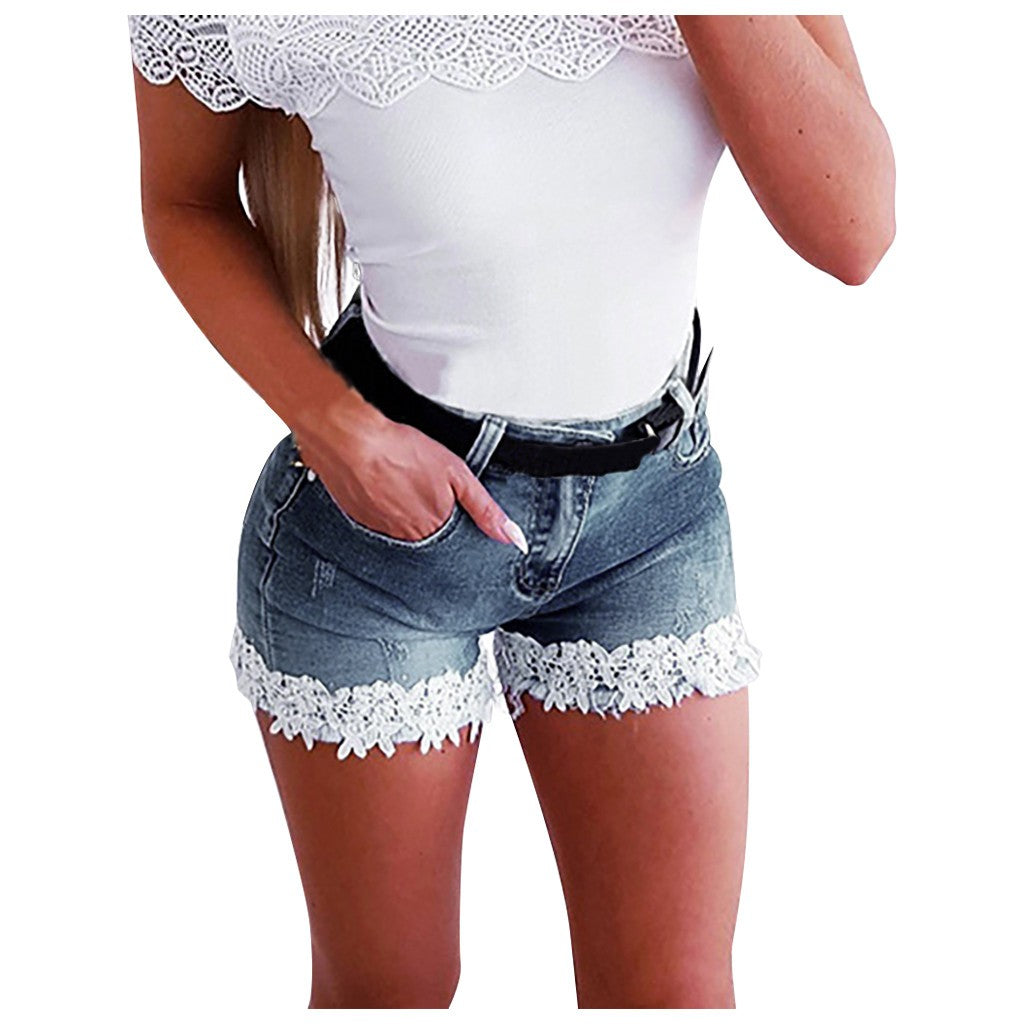 Women Stretch Lace Stitching Jeans Shorts Slim Denim Shorts Summer Ladies Casual Regular Short