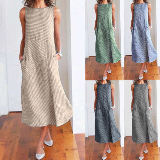 Casual Maxi Dress Sleeveless Linen Women Long Summer Dress Striped Cotton Baggy - The Styky Shack