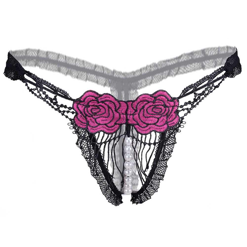 Women Sexy Faux Pearl Hollow Embroidery Rose Crotchless G-String Thong Underwear