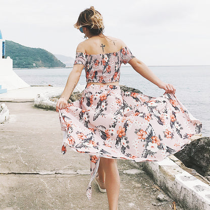 Summer Women Floral Print Long Slit Skirt Off Shoulder Crop Top Beach Dress Set