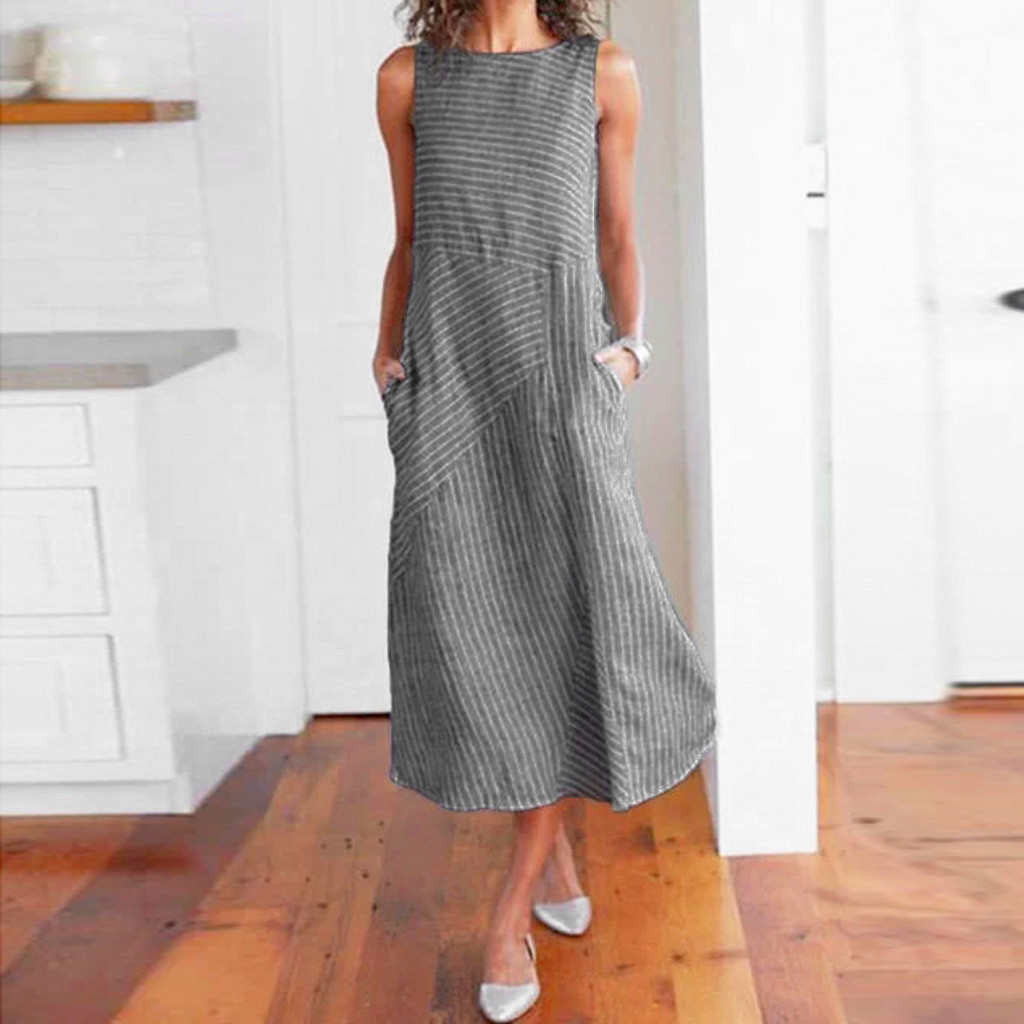 Casual Maxi Dress Sleeveless Linen Women Long Summer Dress Striped Cotton Baggy - The Styky Shack