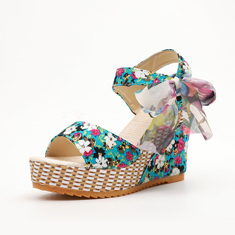 Sandalias de cuña con plataforma y lazo floral para mujer