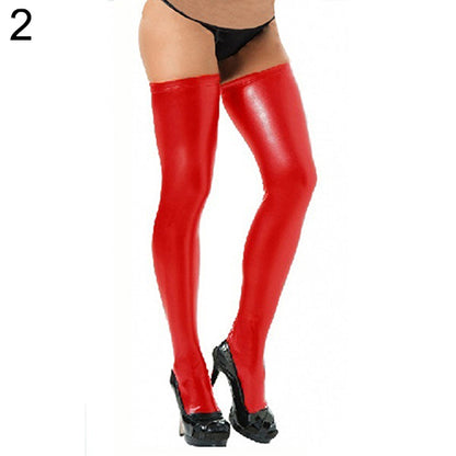 Women Glam Rock Gothic Thigh High Sexy Latex Catsuit Stockings