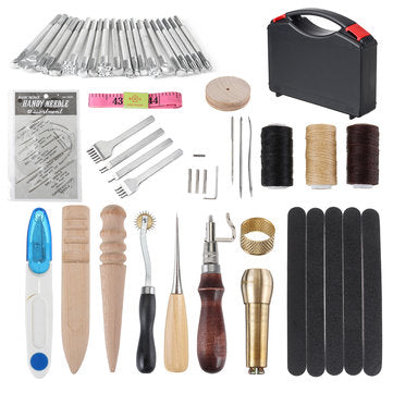 60Pcs Professional Leather Craft Tools Kit for Hand Sewing Stitching Working Wheels Stamping Punch Tools Set - The Styky Shack