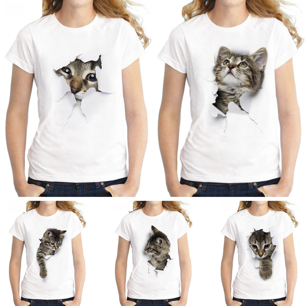 3D Cat Printed Short Sleeve Round Neck Women Casual Summer T-shirt Top Tee