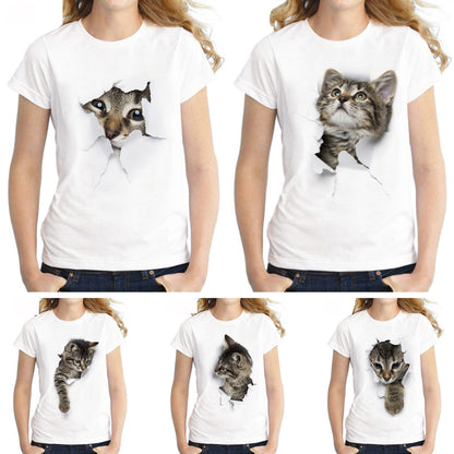 Camiseta informal de verano con estampado de gato en 3D, manga corta y cuello redondo para mujer