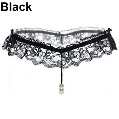 Women Sexy Faux Pearl Decor Crotch Thong Lace G-string Panties Underwear