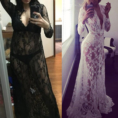 Women's Summer Sexy See Through Lace Deep V-Neck Long Sleeve Long Maxi Dress