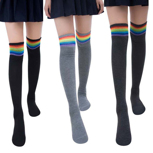 Women Girl Rainbow Stripe Tube Dress Over the Knee Thigh High Cosplay Socks