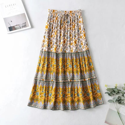 Printed Elastic High Waist Long Skirt