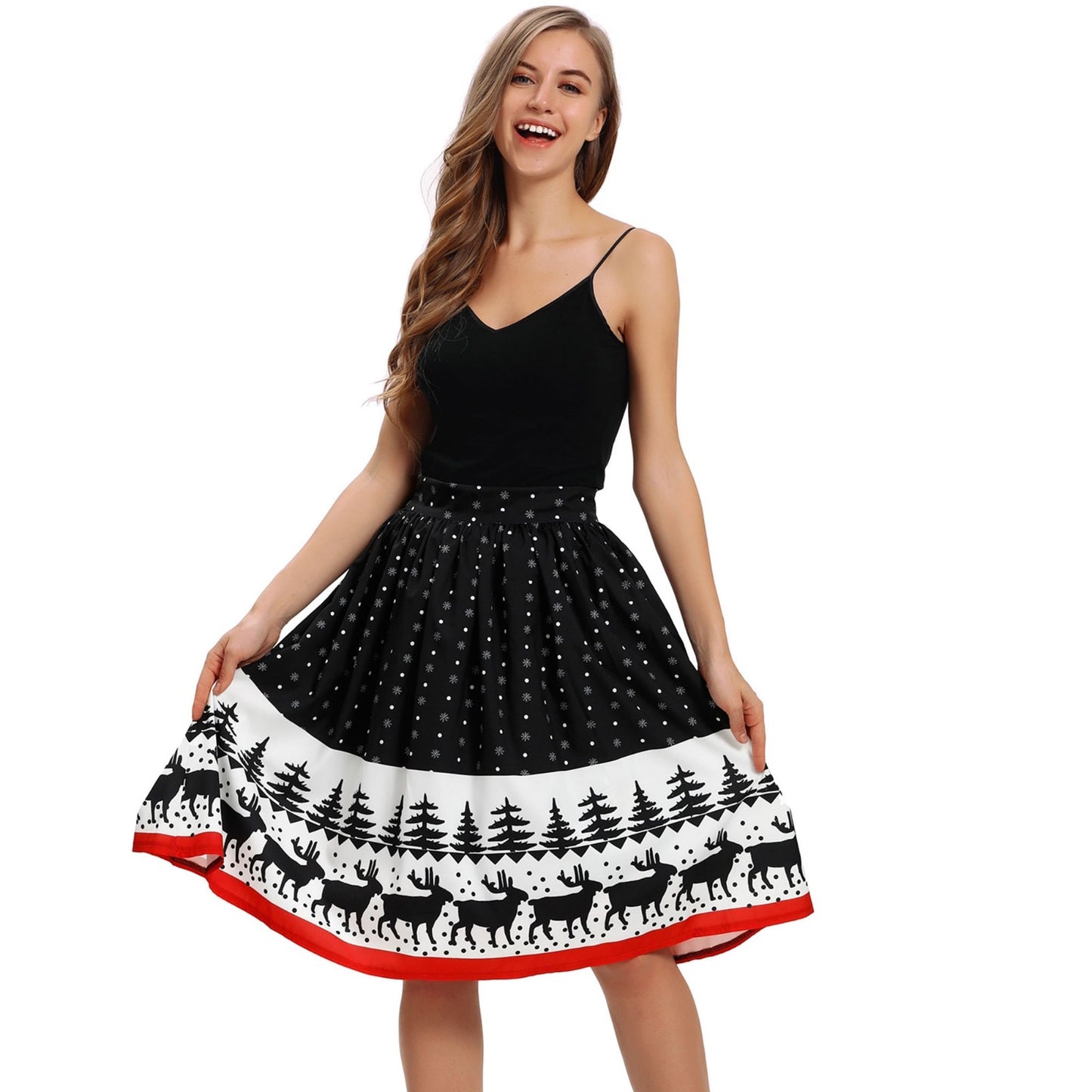 Falda para mujer con estampado navideño hasta la rodilla falda elástica de cintura alta falda sexy para fiesta de Navidad salvaje 