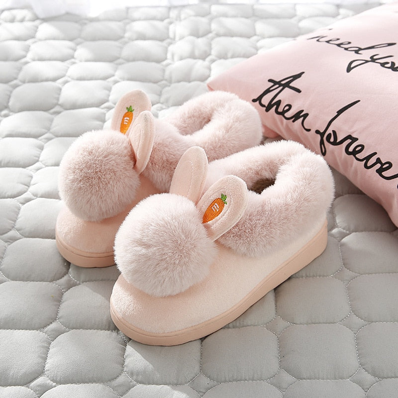 Winter Cotton Slippers Indoor Thick Bottom  Autumn Winter Warm Shoes Cute Lovely Rabbit Ear Plus Plush Slippers Shoes Women