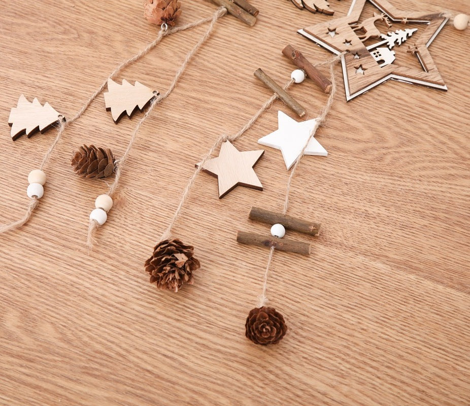 Adornos navideños de madera, colgantes de estrellas de madera, cono de pino, adornos colgantes para árbol de Navidad, decoración navideña para el hogar