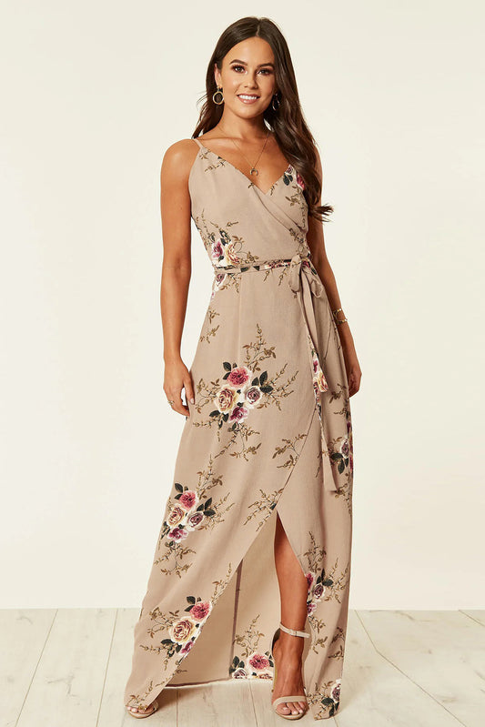 Apricot Floral Wrap Maxi Dress With Slit