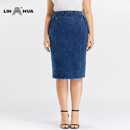 Plus Size Casual Denim Skirt High Flexibility Knitted Denim