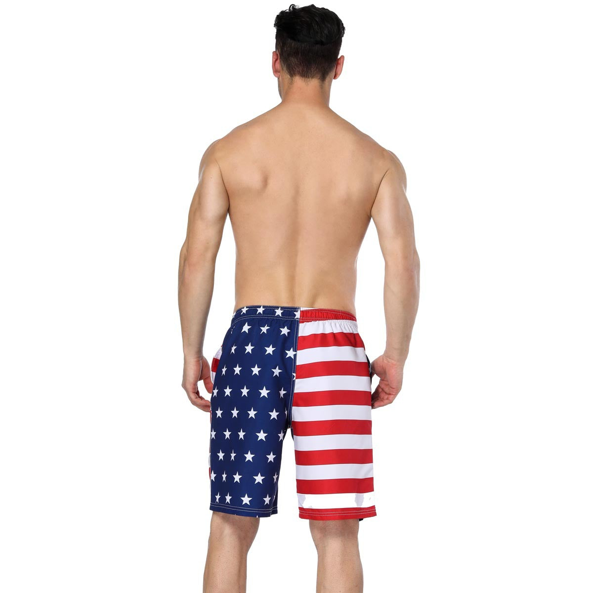 Asymmetric "Patriotic Man" Printed Beach Shorts