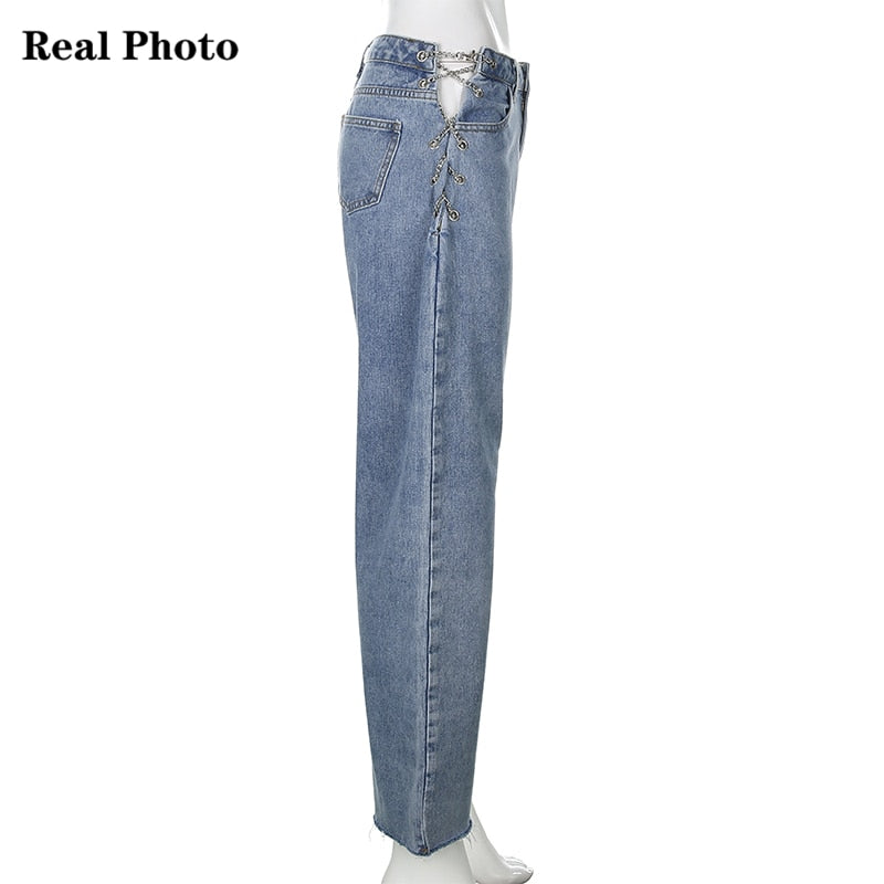 Waatfaak Hole Chain Bandage Cut Out Jeans de cintura alta Mujeres Sexy Bolsillos Pantalones cargo 