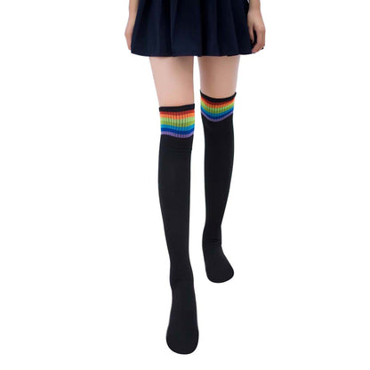 Women Girl Rainbow Stripe Tube Dress Over the Knee Thigh High Cosplay Socks