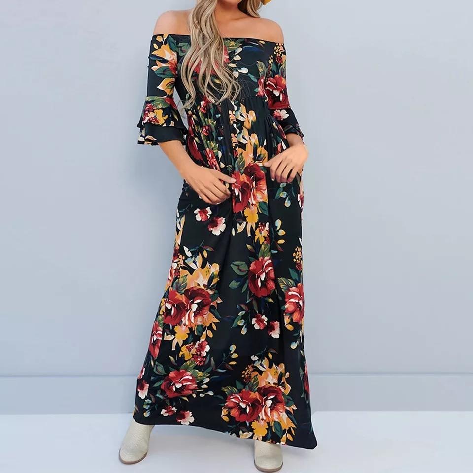 One Shoulder Print Summer Long Dress