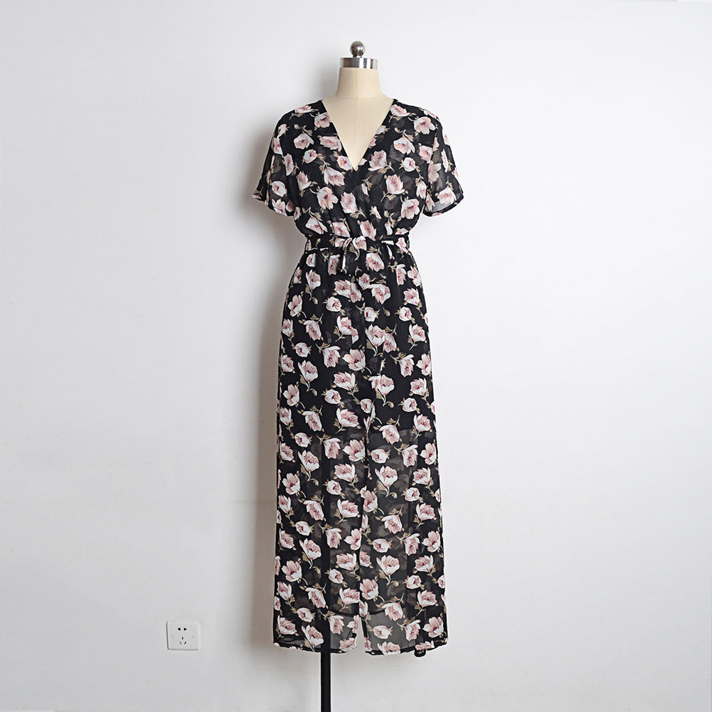 Vestido de manga corta holgado con estampado de flores sexy para mujer con cuello en V informal