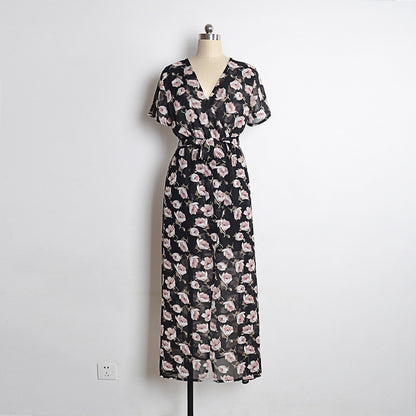 Vestido de manga corta holgado con estampado de flores sexy para mujer con cuello en V informal