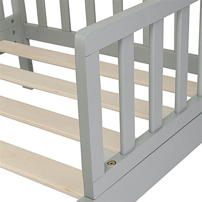 Cama de madera para bebés y niños, muebles de dormitorio para niños con barandillas de seguridad, color gris 