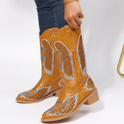 Western Cowboy Wing Embroidery Boots Low Heel