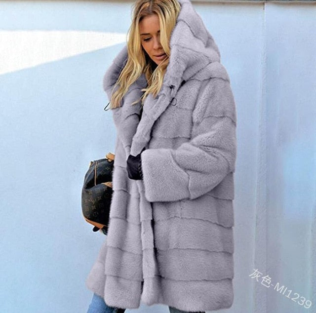 Abrigo de invierno para mujer, abrigo largo de invierno con capucha y cuello de piel grande 