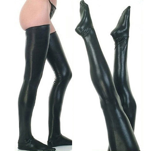 Women Glam Rock Gothic Thigh High Sexy Latex Catsuit Stockings