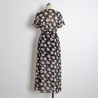 Vestido de manga corta holgado con estampado de flores sexy para mujer con cuello en V informal