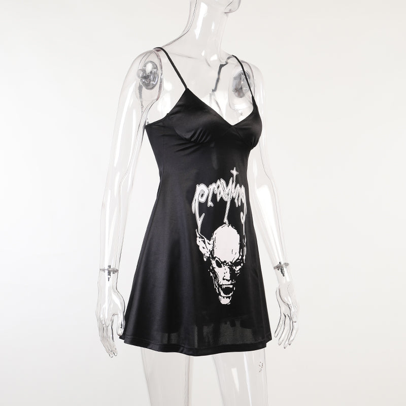 Satin Dark Skull Print Slip Dress