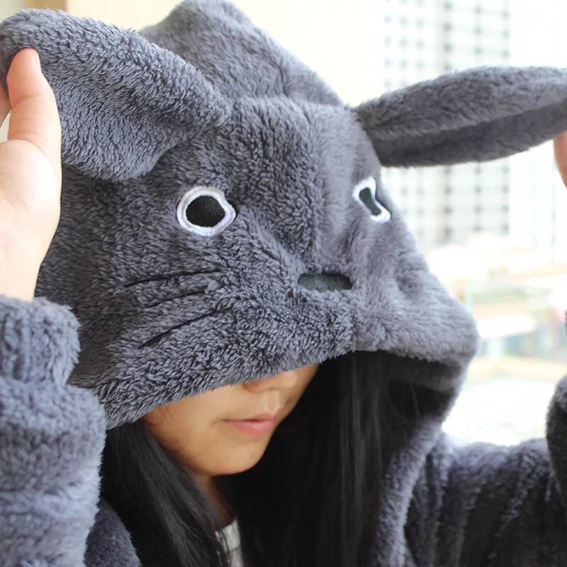 Anime Cosplay Hoodie Fleece Gray Sweatshirts With Ears Autumn Winter Men Women Plush Kawaii Coat Jacket