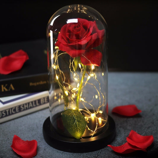 Beauty And Beast Rose In Flask Led Rose Flower Light Black Base Glass Dome Best For Mother's Day Valentines Day Gift - The Styky Shack