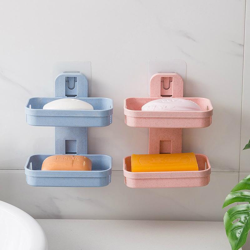 Avoid Punch Hanging Type Soap Frame Student Dormitory Nothing Trace Paste Soap Box Wheat Double-deck