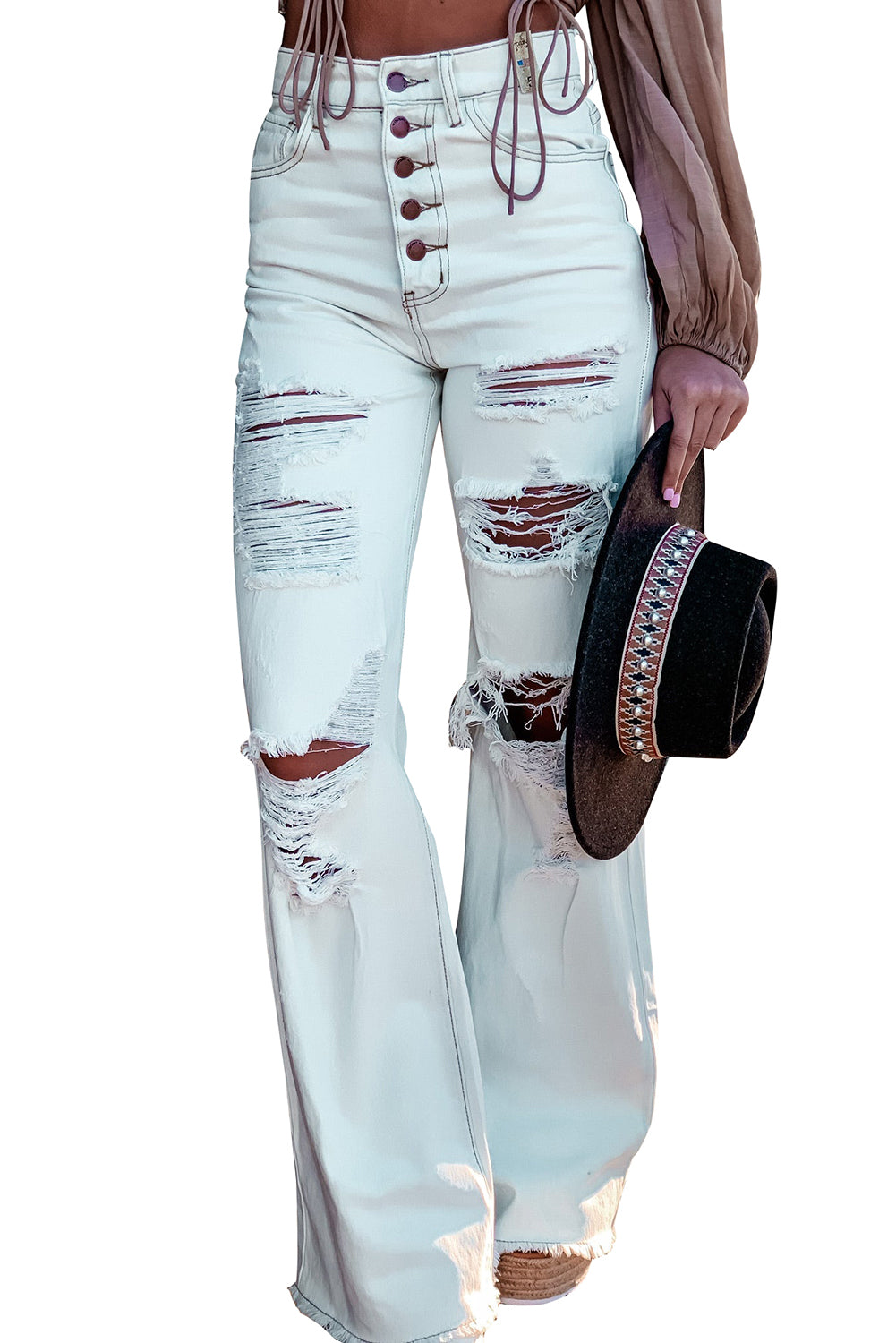 White Light Washed Distressed Slits Button Fly Flare Jeans