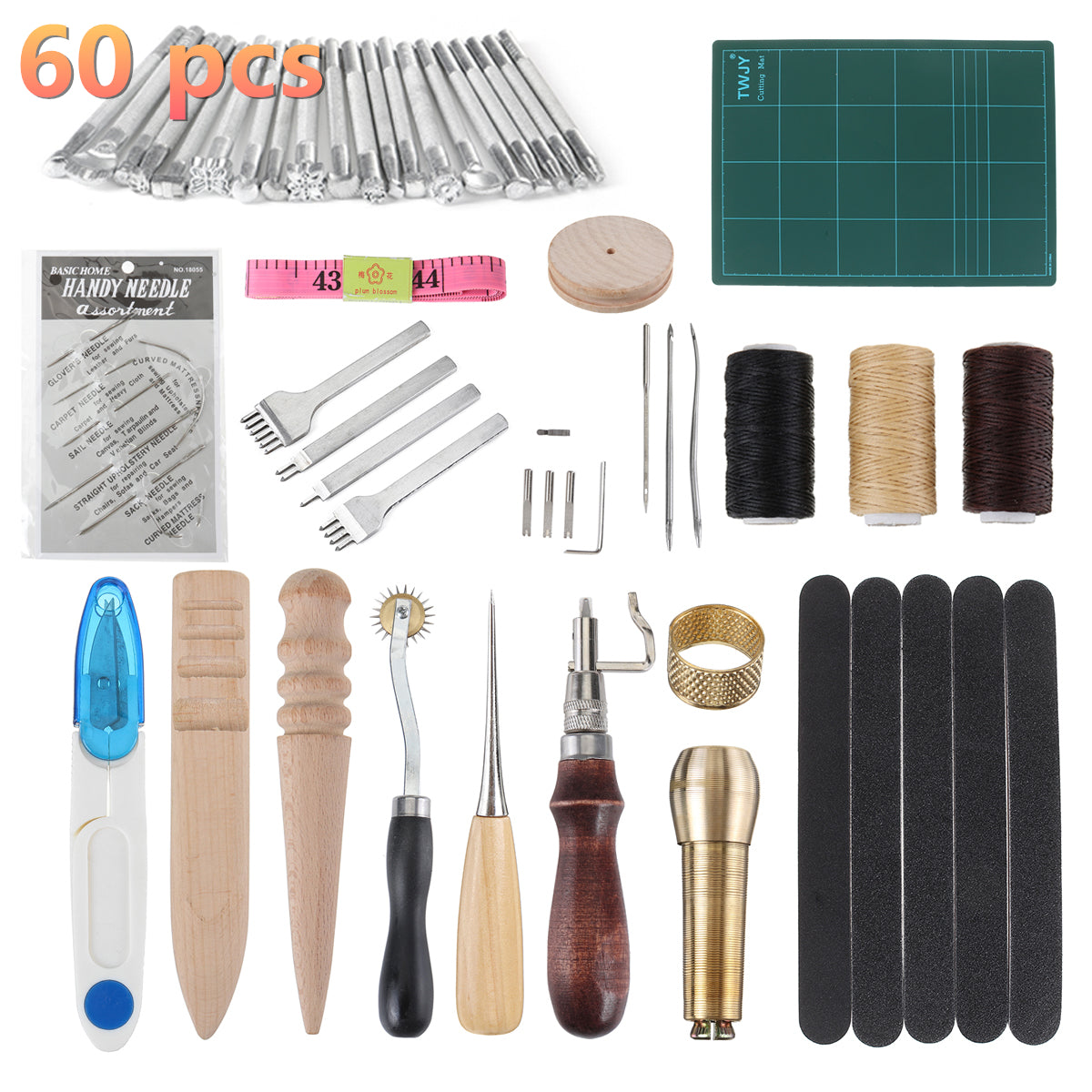 60Pcs Professional Leather Craft Tools Kit for Hand Sewing Stitching Working Wheels Stamping Punch Tools Set - The Styky Shack