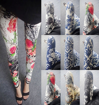 Leggings de mujer, Leggings con estampado de pintura de tinta de viento nacional, Leggings transpirables de cintura alta de verano, pantalones de mujer 