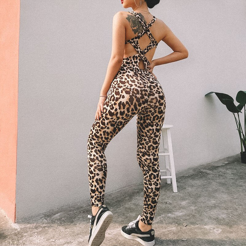 Woman Sports Leopard One Piece Backless Bandages Sports Yoga Set Women's Fitness