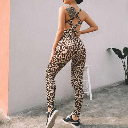 Mujer Deportes Leopardo Una Pieza Sin Espalda Vendajes Deportes Yoga Set Mujer Fitness