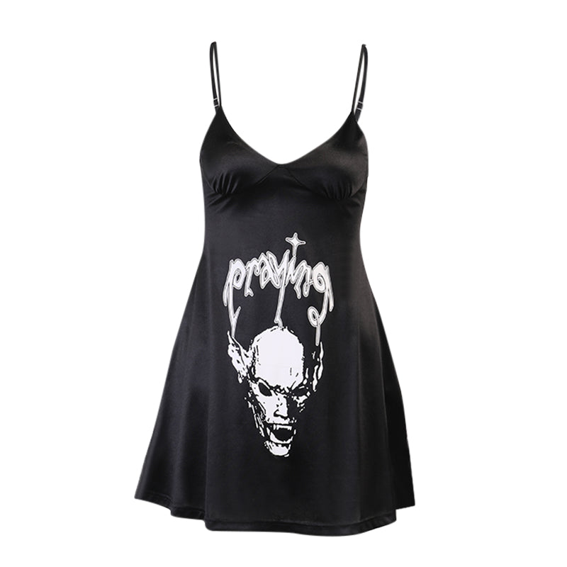 Satin Dark Skull Print Slip Dress