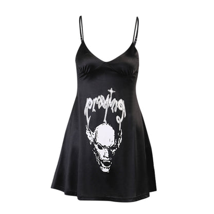 Satin Dark Skull Print Slip Dress