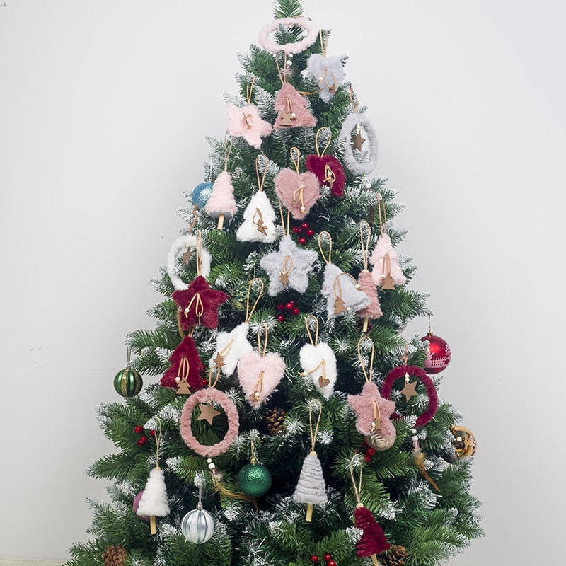 5pcs/set Creative Plush Christmas Tree Hanging Pendant Pink White Heart Star Feather Ornament Christmas Decoration for Home Xmas - The Styky Shack