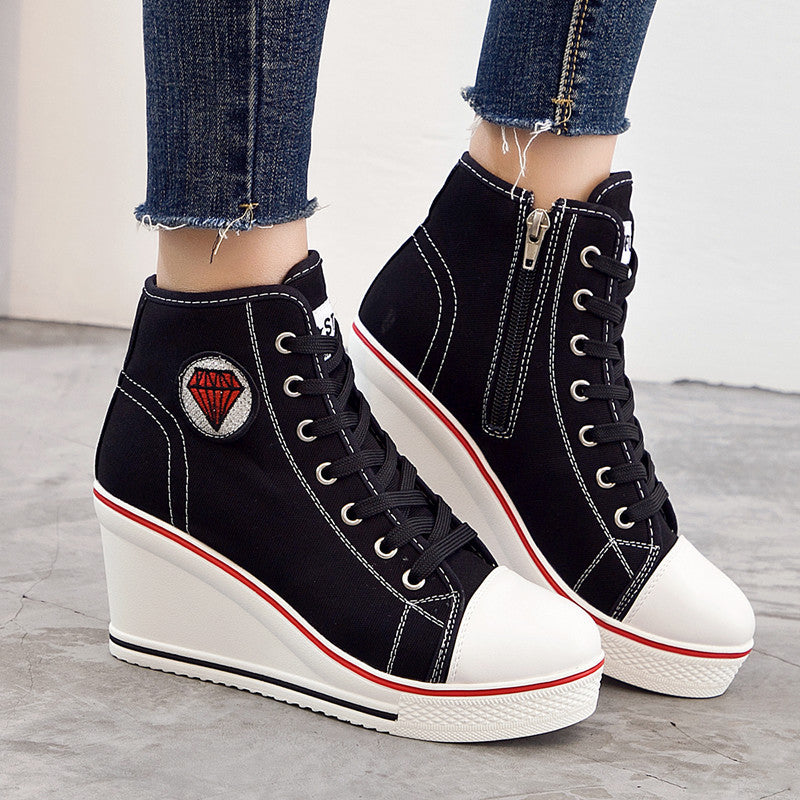 Wedge Heel Casual Side Zipper High-heel Lace-up Canvas Shoes