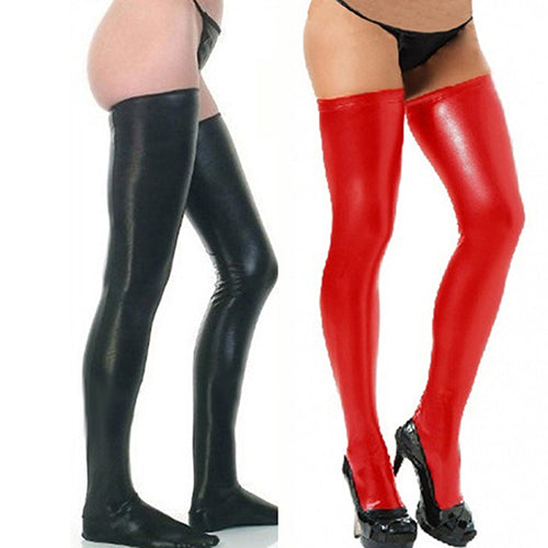 Women Glam Rock Gothic Thigh High Sexy Latex Catsuit Stockings