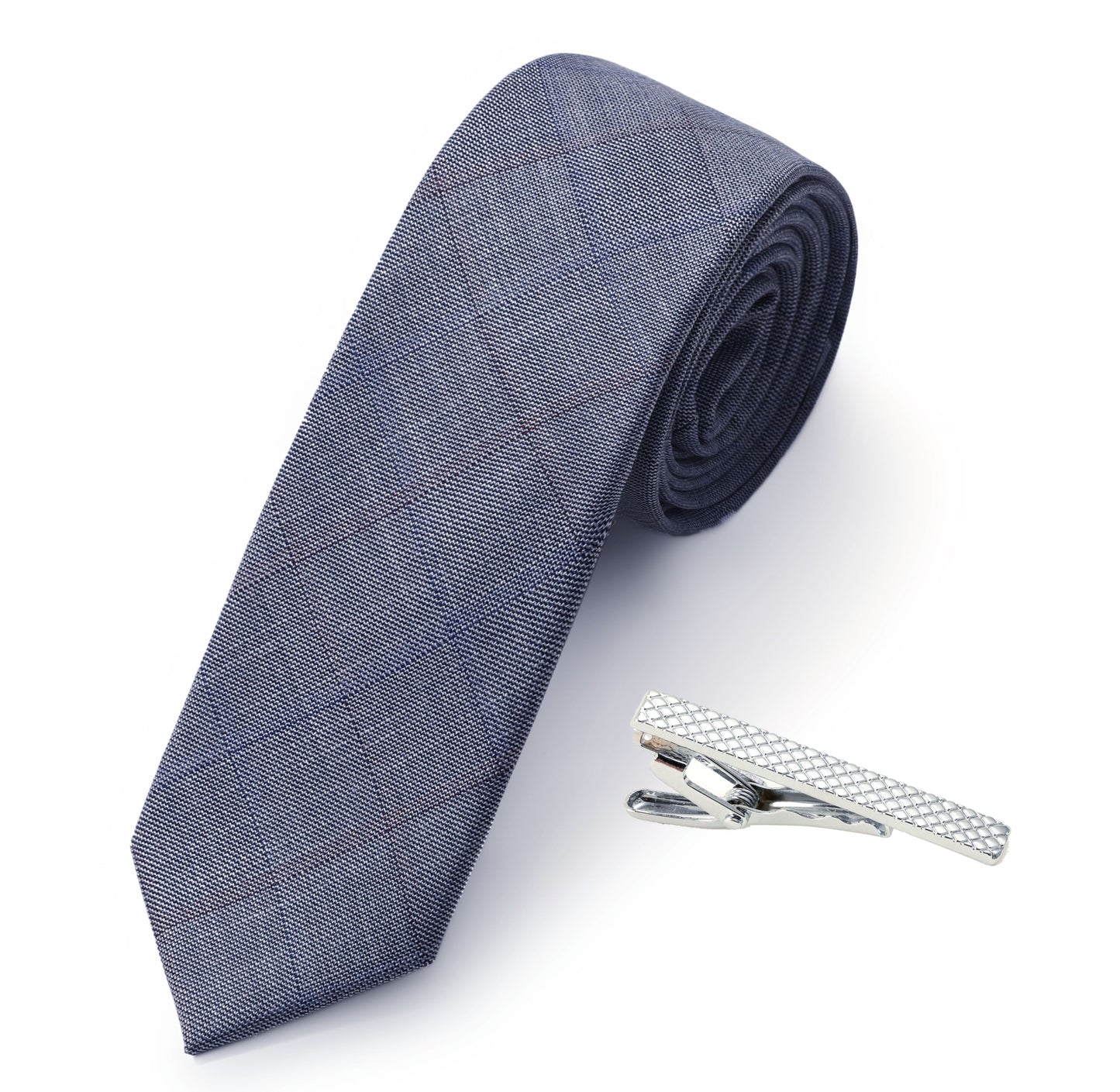 2.4 inch Chambray Skinny Cotton Blue Ties for Men  Summer Necktie  Royal Navy Blue Tie with one Tie Clip Gift Set - The Styky Shack