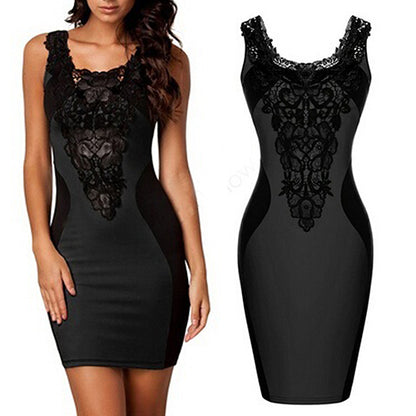 Women's Faux Leather Flower Lace Dress Cocktail Party Color Blocking Slim Dress