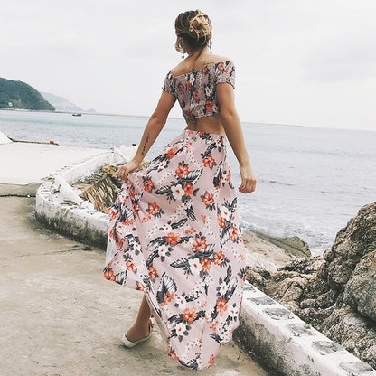 Summer Women Floral Print Long Slit Skirt Off Shoulder Crop Top Beach Dress Set