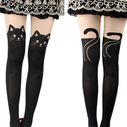 Women Sexy Cat Tail Knee High Hosiery Pantyhose Tattoo Leggings Tights