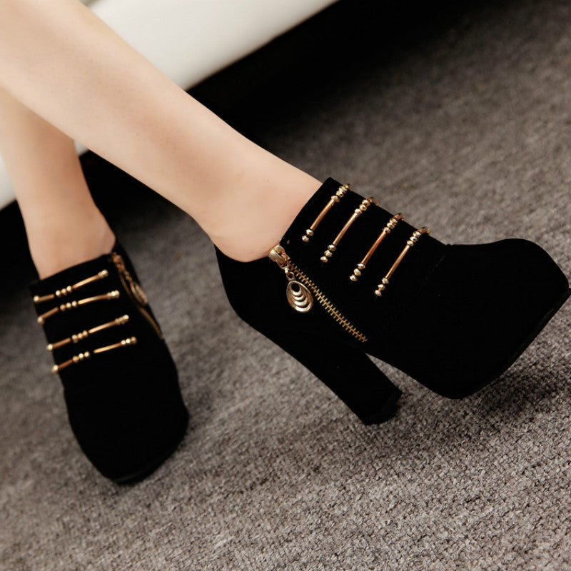 Ankle Boots Thick High Heel Pointed Toe Flock Platform