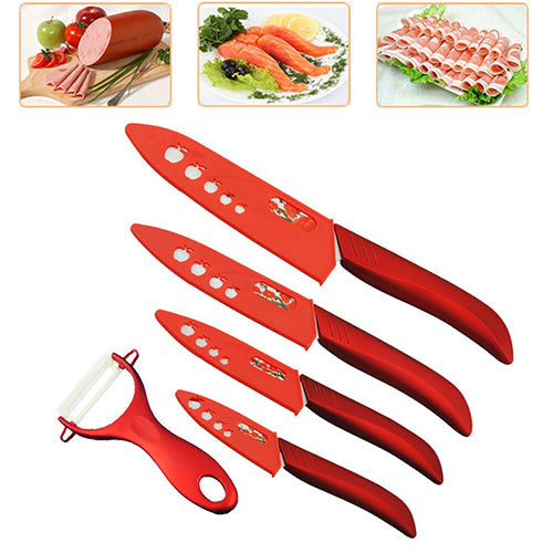 3 4 5 6 Inch Red Ceramic Plum Flower Print Knife Set Chef Kitchen Knives